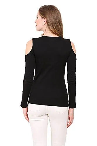 Cold Shoulder Full Sleeves Poly Cotton T-Shirt For Women