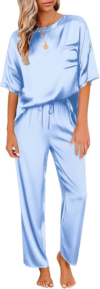 Short Sleeves Silk Shirt and Pj Set Nightwear For Women