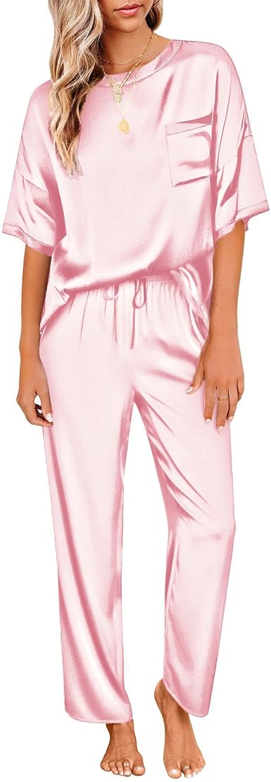 Short Sleeves Silk Shirt and Pj Set Nightwear For Women