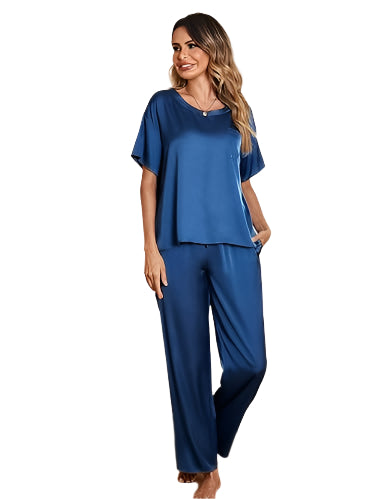 Short Sleeves Silk Shirt and Pj Set Nightwear For Women