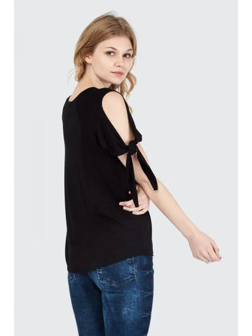 Cold Shoulder Knotted Half Sleeves Poly Cotton T-Shirt For Women