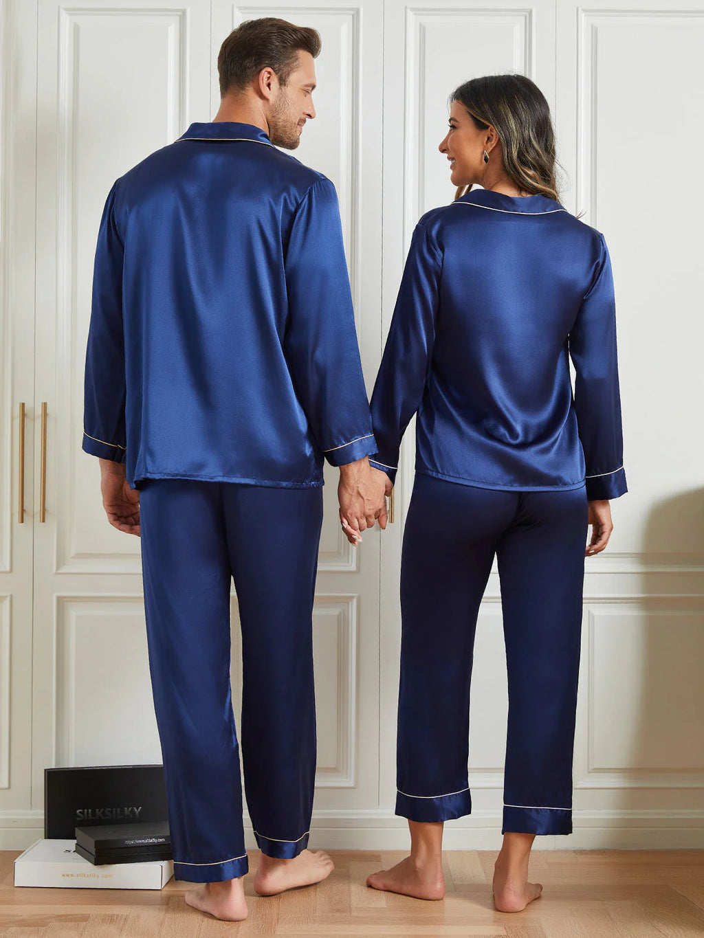 Silk Couple Pajamas Set-Navy bue