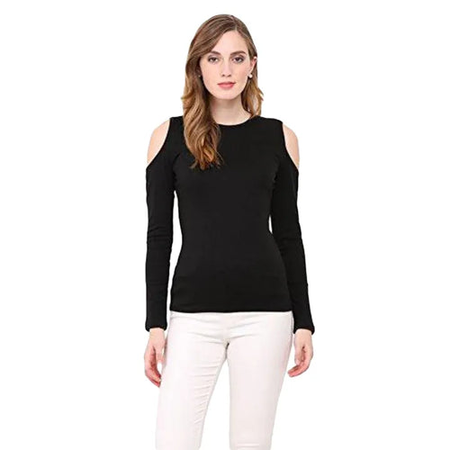 Cold Shoulder Full Sleeves Poly Cotton T-Shirt For Women