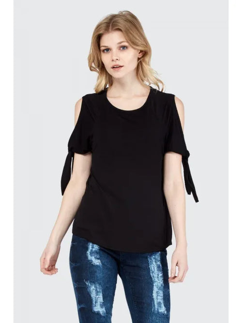 Cold Shoulder Knotted Half Sleeves Poly Cotton T-Shirt For Women
