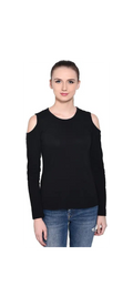 Poly cotton Full Sleeves Cold Shoulder T-Shirt For Women-Black