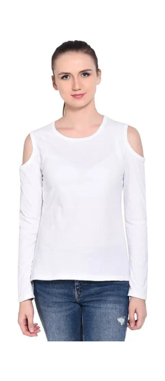 Woman wearing a white long-sleeve top with cut-out shoulders on a white background