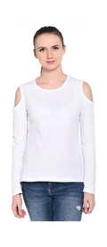 Woman wearing a white long-sleeve top with cut-out shoulders on a white background
