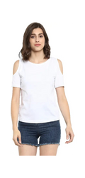 Poly cotton Half Sleeves Cold Shoulder T-Shirt For Women-White