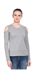 Poly cotton Full Sleeves Cold Shoulder T-Shirt For Women-Grey