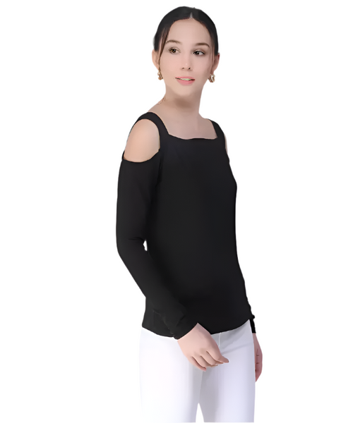 Black Square Neck Cold Shoulder Full Sleeves T-shirt For women