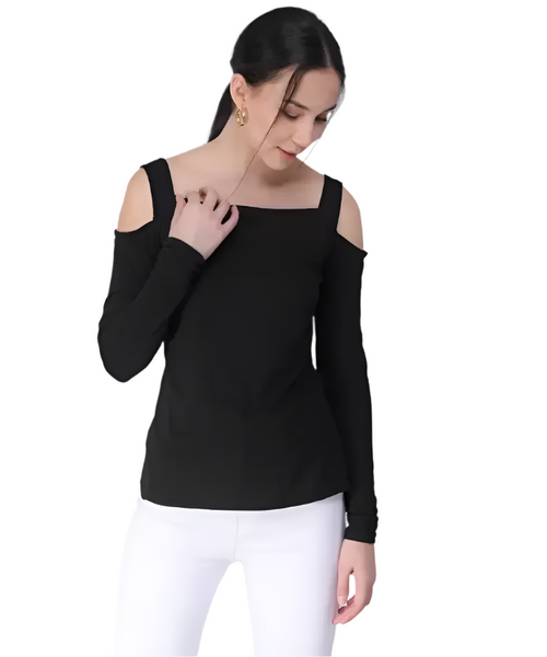 Black Square Neck Cold Shoulder Full Sleeves T-shirt For women