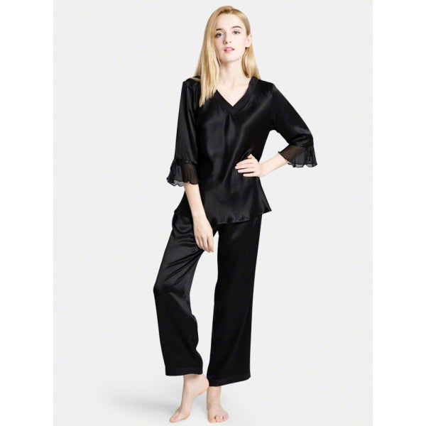 Luxurious Silk Chiffon trim Sleeves Pajama Nightwear For Women