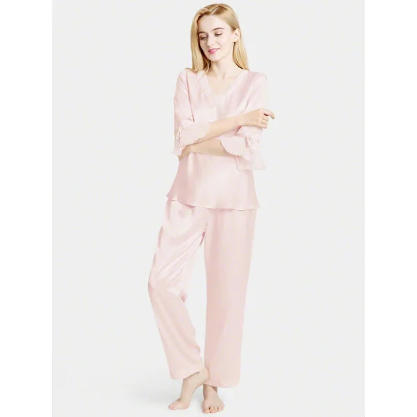 Luxurious Silk Chiffon trim Sleeves Pajama Nightwear For Women