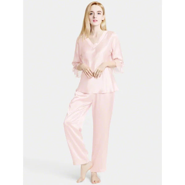 Luxurious Silk Chiffon trim Sleeves Pajama Nightwear For Women