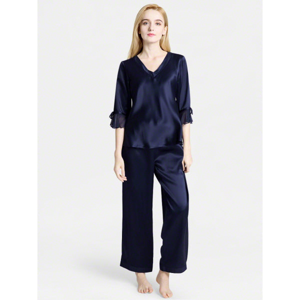 Luxurious Silk Chiffon trim Sleeves Pajama Nightwear For Women