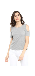 Poly cotton Half Sleeves Cold Shoulder T-Shirt For Women-Grey