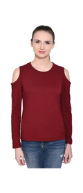 Poly cotton Full Sleeves Cold Shoulder T-Shirt For Women-Maroon