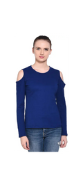 Poly cotton Full Sleeves Cold Shoulder T-Shirt For Women-Royal Blue